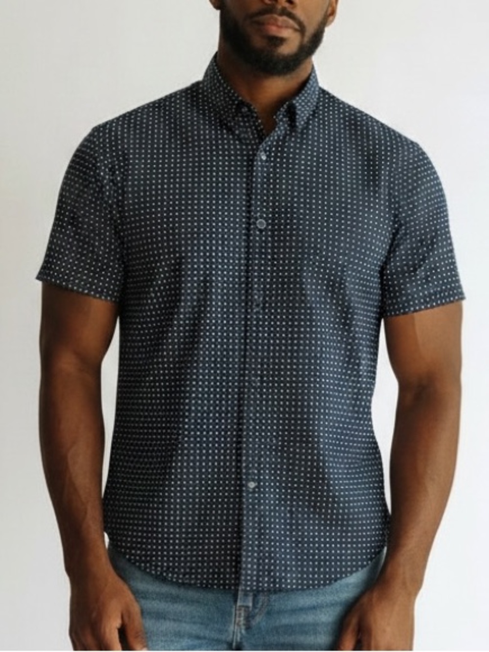 Movement Clothing Co Mens Button Up Shirt  Navy Micro Print Short Sleeve Cotton